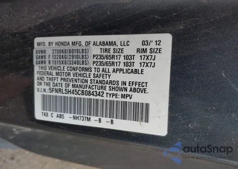 2012 Honda Odyssey Ex from USA, damaged, VIN 5FNRL5H45CB084342